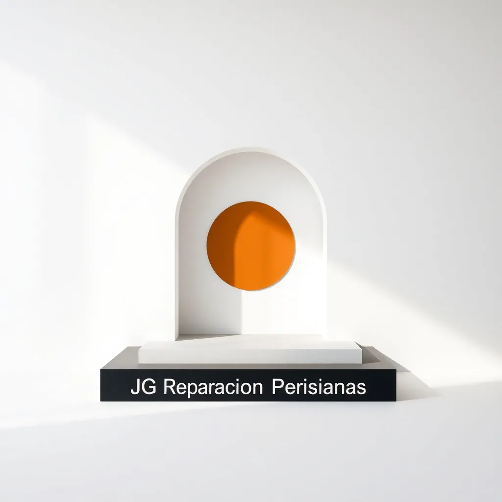 Arco escalonado centrado en un fondo blanco, con un círculo ocre, simbolizando un nuevo comienzo. Cual es la mejor opcion para instalar persianas domesticas en Madrid.