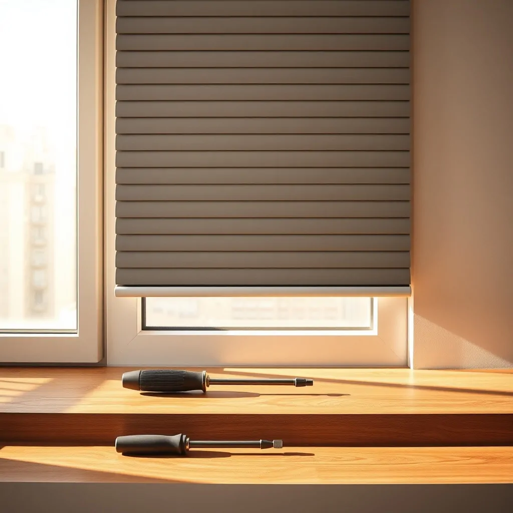 Persiana bajada parcialmente con un destornillador en un alféizar de madera, luz suave y ambiente práctico en Madrid. Cuales son las mejores empresas de reparacion de persianas en Madrid.