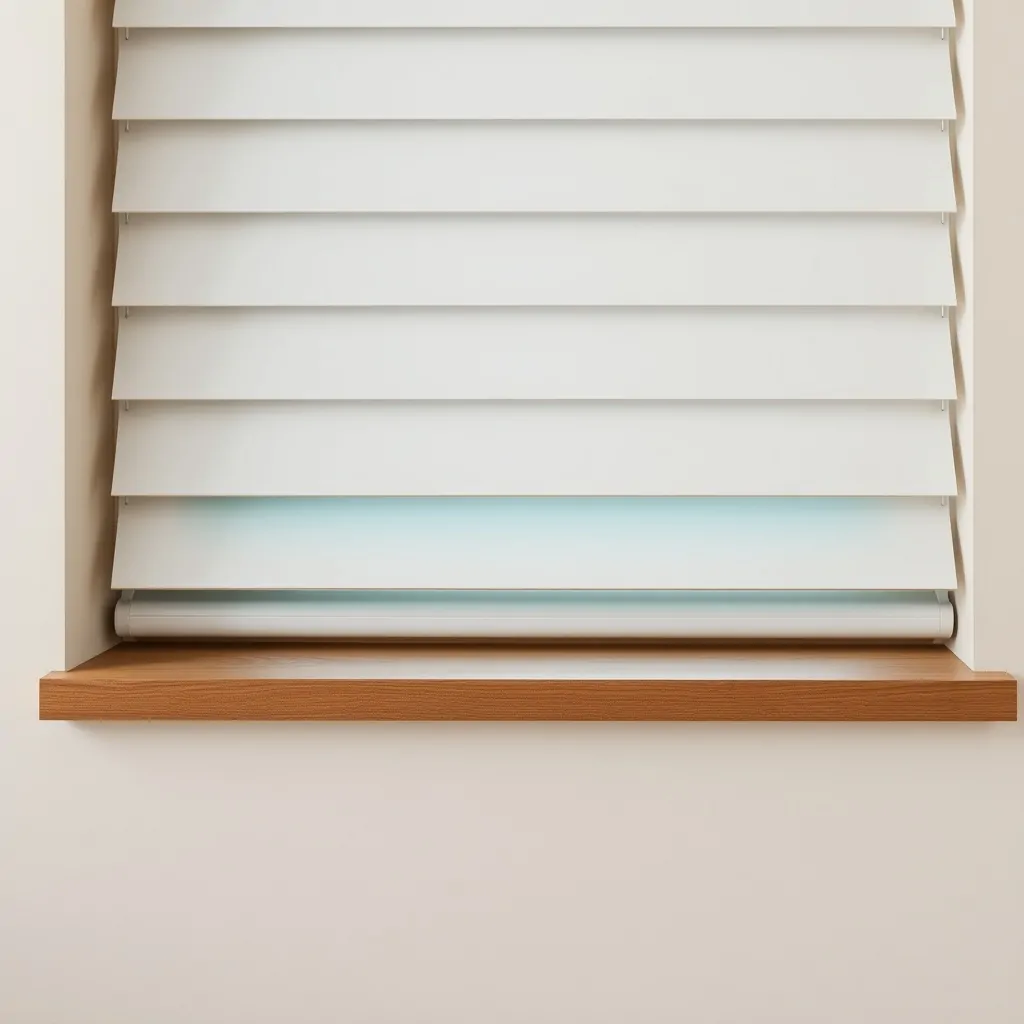 Primer plano minimalista de una persiana con un panel teal reparado. Encuentra el mejor servicio para reparar persianas domesticas en mi area.