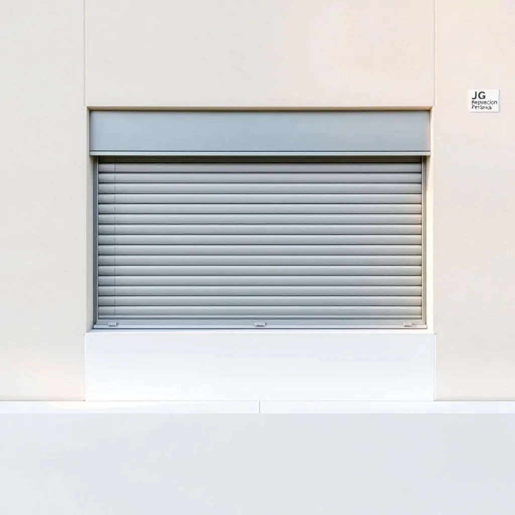 Ventana comercial rectangular con persiana de aluminio medio bajada, en un fondo de fachada de arenisca típica de Barcelona. Que opciones de instalacion de persianas para locales comerciales son mas populares en Barcelona.