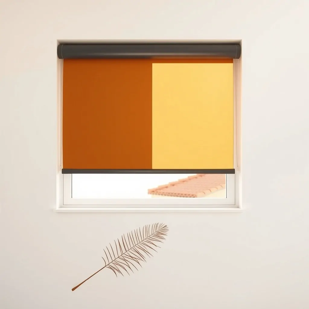 Persiana motorizada en tonos carbón y ocre, con luz suave y fondo mediterráneo; ideal para saber dónde instalar persianas motorizadas de calidad en Valencia.