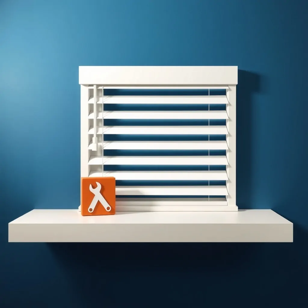 Composición minimalista con persiana y caja de herramientas en un fondo azul, evocando "Donde contratar un servicio urgente de reparacion de persianas en Valencia".