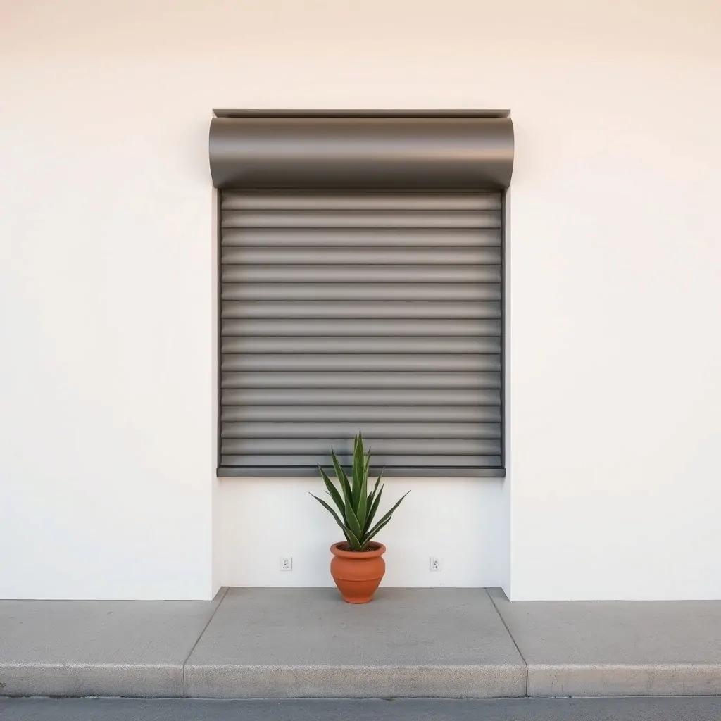 Persiana metálica enrollada en un local vacío, con un toque de terracota y un fondo blanco, ideal para locales en Barcelona.