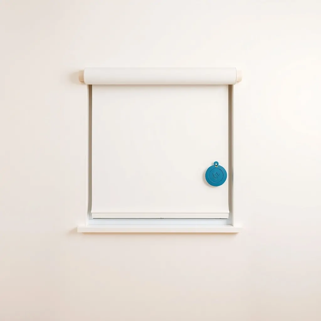 Persiana geométrica blanca con un ícono azul de reparación, iluminada por luz suave; busca "Donde puedo encontrar servicios de reparacion de persianas domesticas en Barcelona".