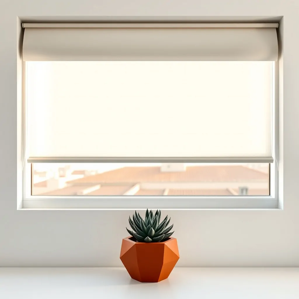 Persiana motorizada blanca en ventana, con maceta de terracota y vista de techos de Barcelona; calma y luz suave. Como funciona la motorizacion de persianas en Barcelona.