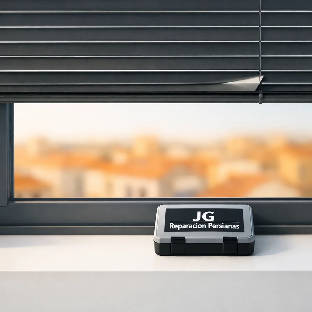 Ventana minimalista con persiana gris y kit de mantenimiento en el alféizar, sugiriendo "Solicitar servicios de mantenimiento de persianas para comercios en Valencia Donde mejor".