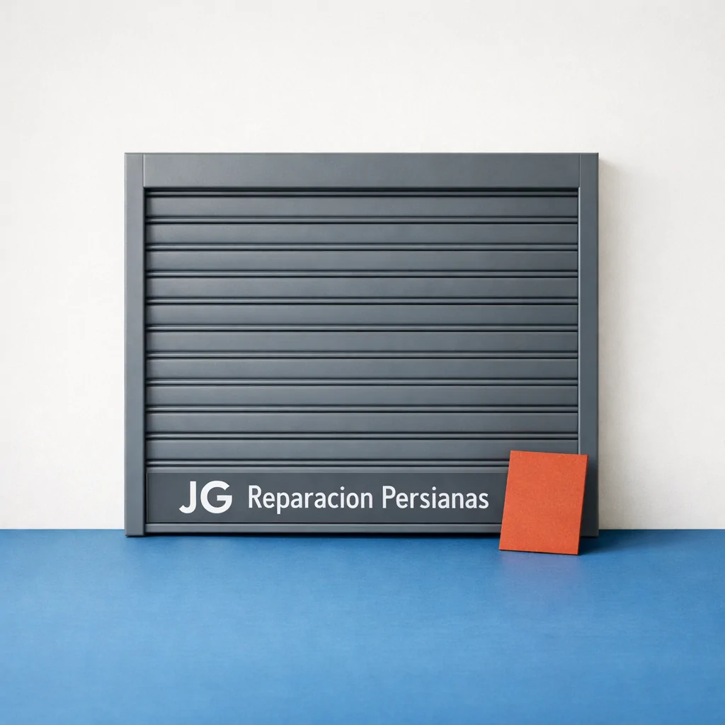 Persiana de seguridad gris con listones horizontales sobre fondo azul mediterráneo, con tarjeta terracota: "Donde pedir presupuesto para reparacion de persianas de seguridad en Barcelona".
