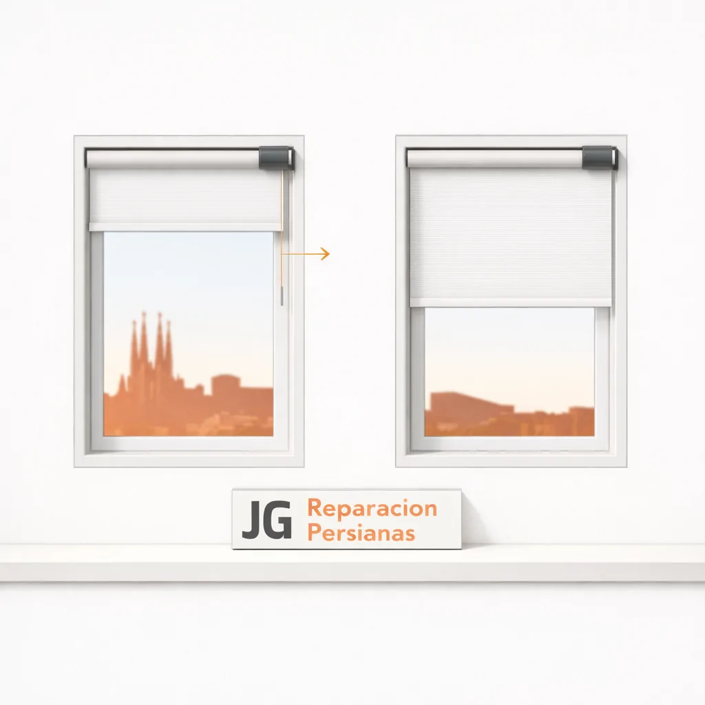 Dos ventanas con persianas en diferentes posiciones, resaltando la motorización. Contratar motorizacion de persianas en Barcelona Donde es mas rapido.