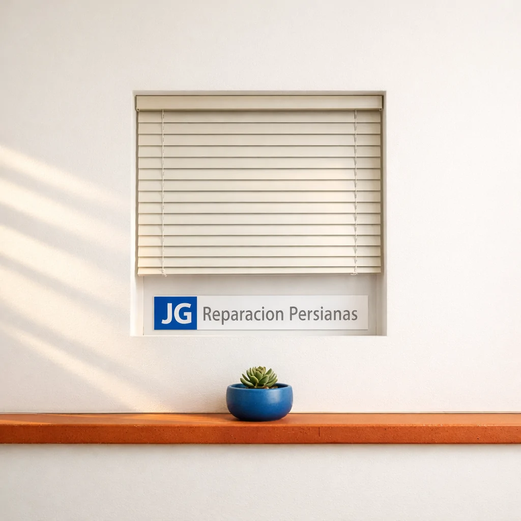 Ventana rectangular con persianas slat en un fondo blanco, maceta azul con suculenta, luz suave de la tarde en Valencia. Comprar persianas domesticas con instalacion incluida en Valencia Opciones disponibles.