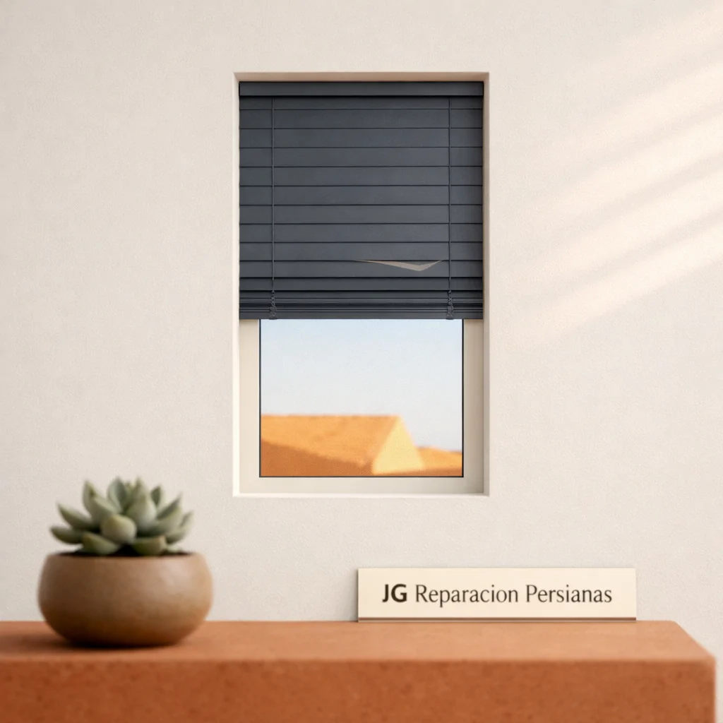 Ventana geométrica con persiana gris, planta en terracota, luz suave; ideal para encontrar servicios de instalación de persianas en Valencia.