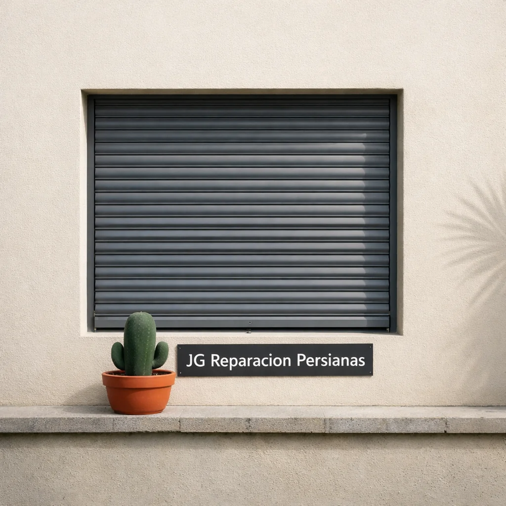 Ventana geométrica en fachada de yeso en Barcelona, con persiana de seguridad y cactus en maceta. Donde comprar persianas de seguridad instaladas en Barcelona.