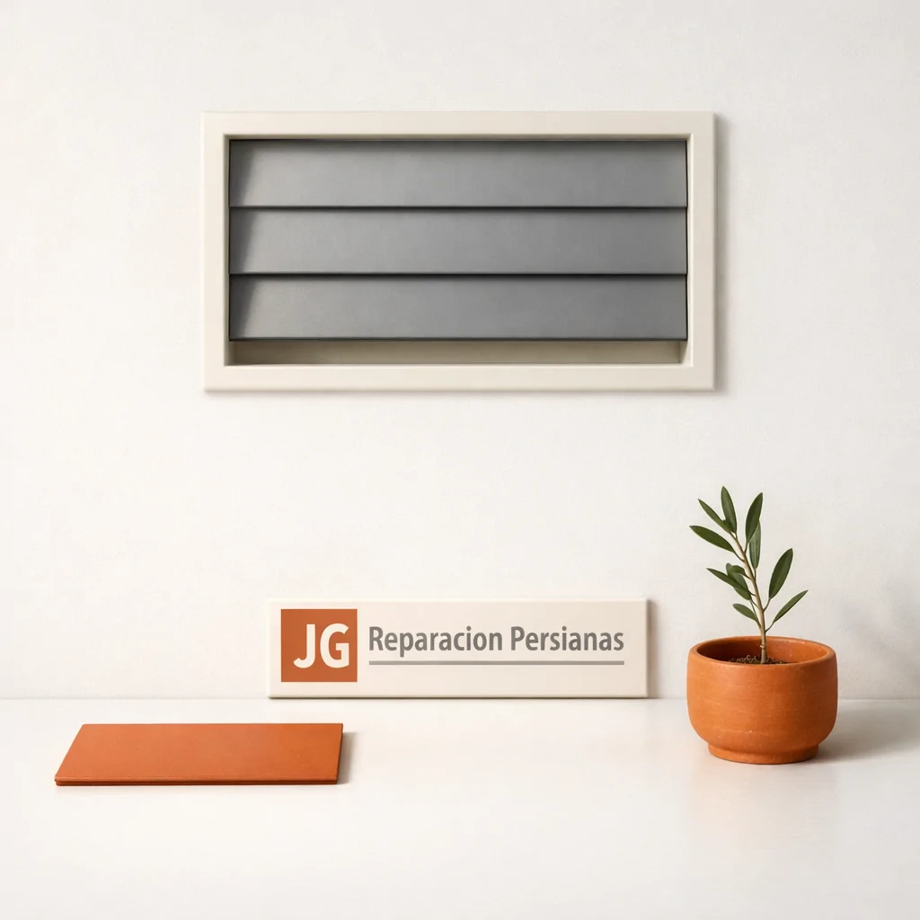 Ventana rectangular con persiana gris y muestra de terracota, evocando calma y funcionalidad en Valencia. Cuales son los proveedores mas confiables para persianas domesticas en Valencia.