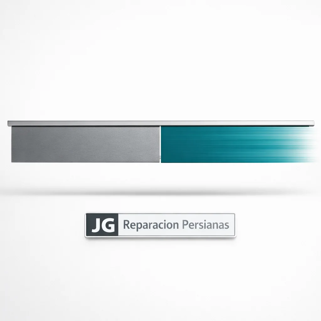 Composición minimalista con persiana veneciana, gris y teal, simbolizando soluciones rápidas para reparación de persianas en locales comerciales.