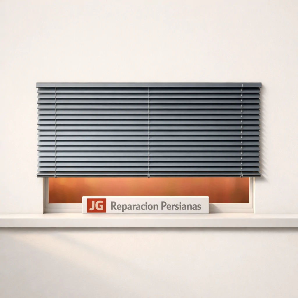 Persiana de aluminio en una pared blanca, con luz cálida y sombras suaves; ideal para el servicio de instalación de persianas en Valencia.