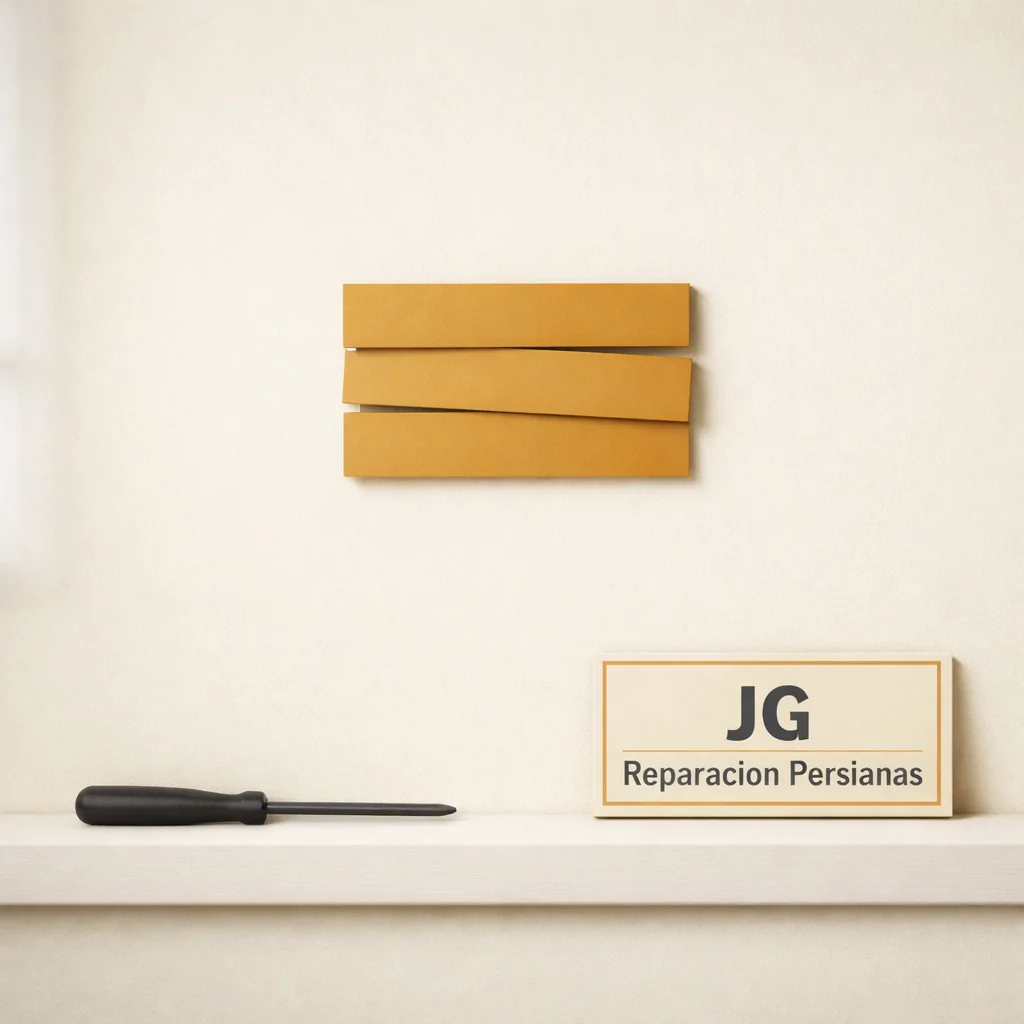 Composición minimalista con persiana veneciana y destornillador, evocando reparaciones; Cuales son los servicios mas recomendados de reparacion de persianas en Madrid.