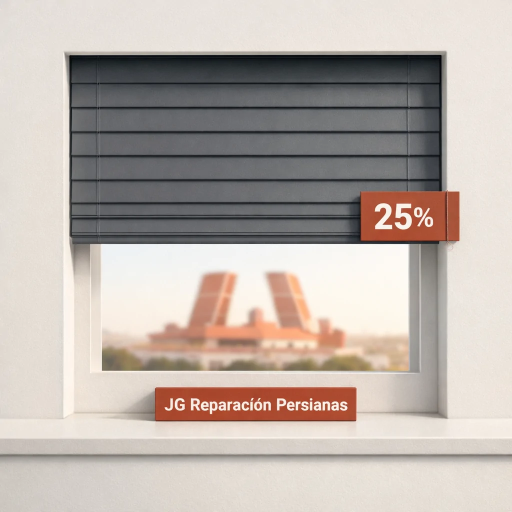 Composición minimalista con persiana gris y etiqueta de descuento; sugiere "¿Qué empresa ofrece descuentos en la reparación de persianas en Madrid?
