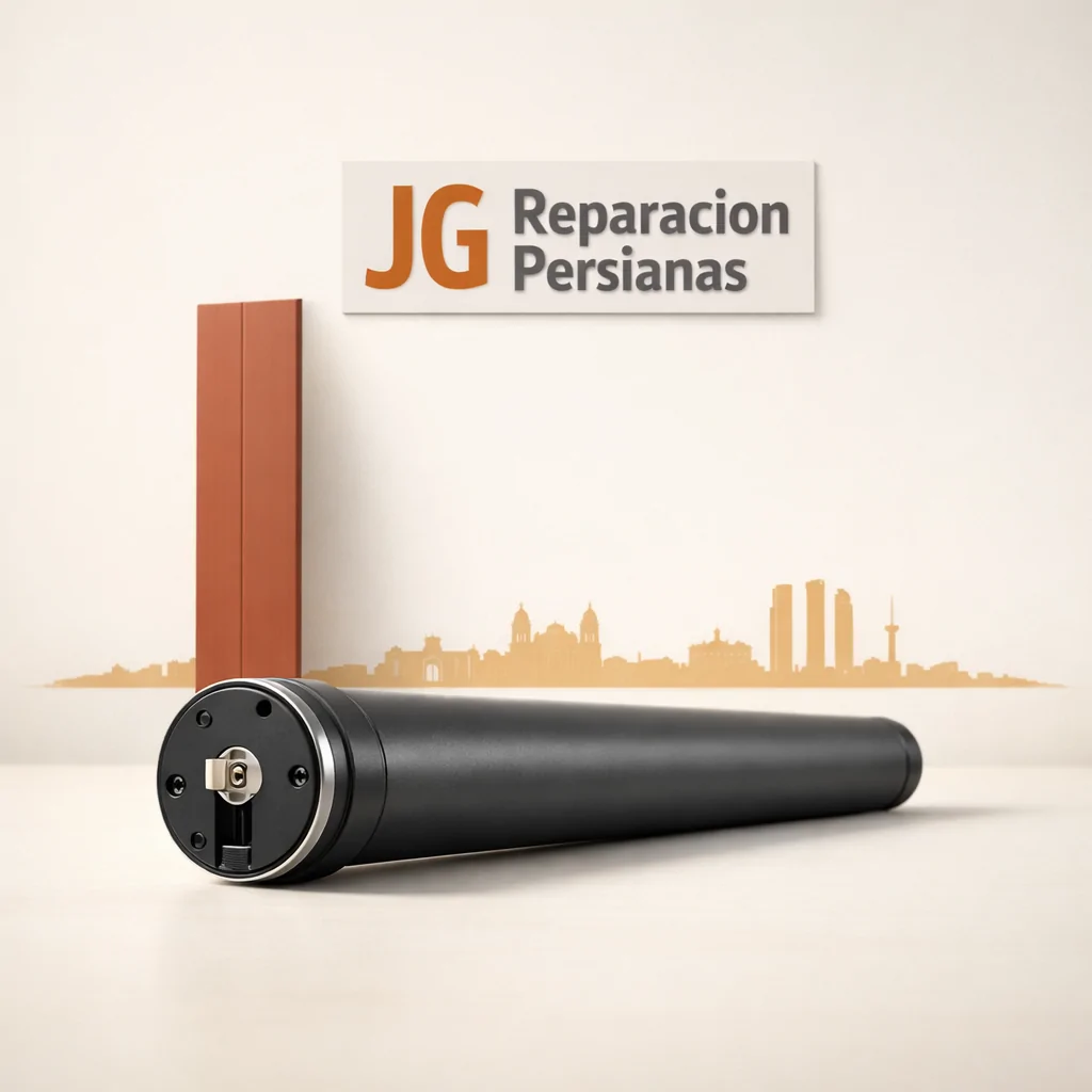 Motor tubular de grafito y lamas de terracota en un fondo suave; ideal para buscar motorización de persianas a mejor precio en Madrid.