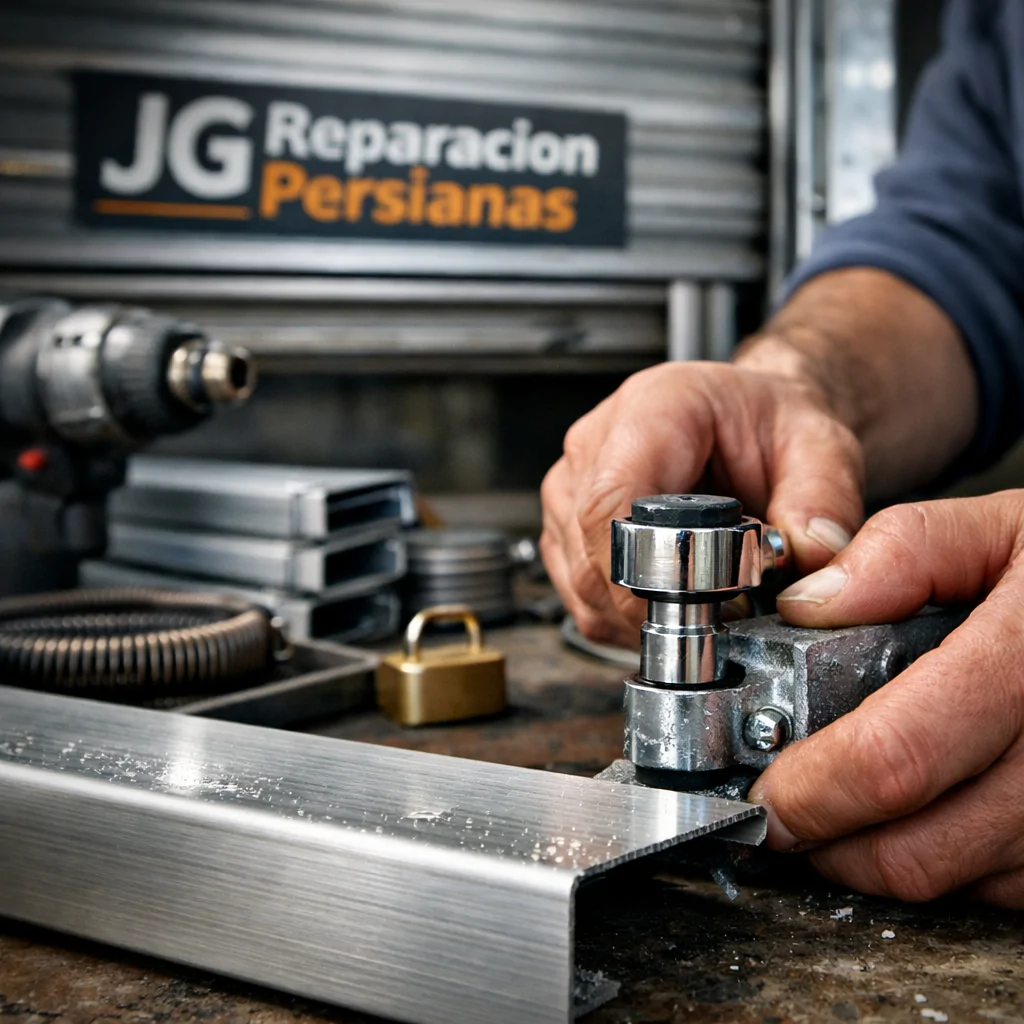 Técnico repara persianas metálicas en un banco de trabajo; enfoque en detalles de herramientas y slats. Cuales son los servicios mas valorados para la reparacion de persianas metalicas en locales.