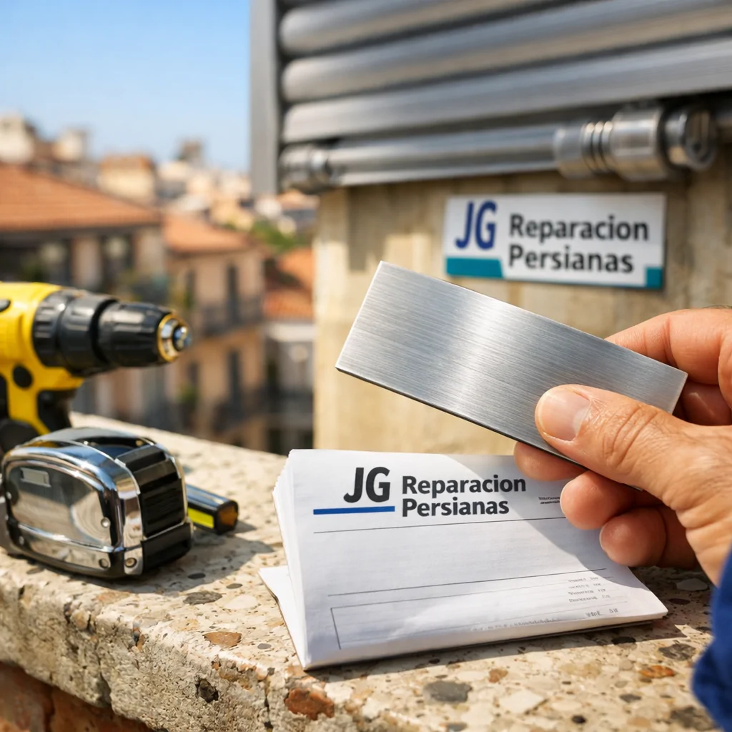 Primer plano de un instalador sosteniendo una muestra de persiana metálica en un balcón de Barcelona, mostrando profesionalismo. Que empresas ofrecen instalacion y reparacion de persianas metalicas a un buen precio en Barcelona.