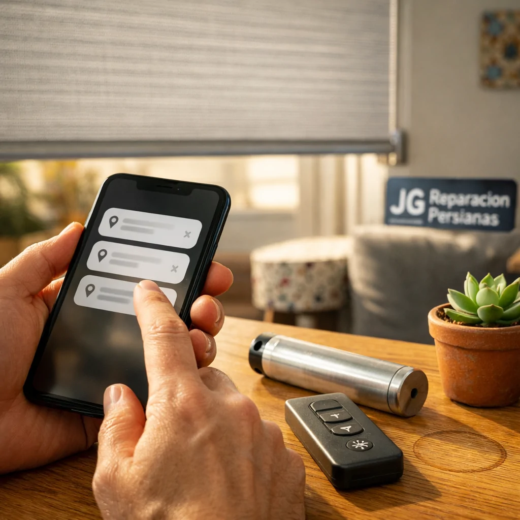 Primer plano de manos sosteniendo un smartphone, buscando "Donde pedir presupuestos para motorizacion de persianas domesticas en Barcelona".