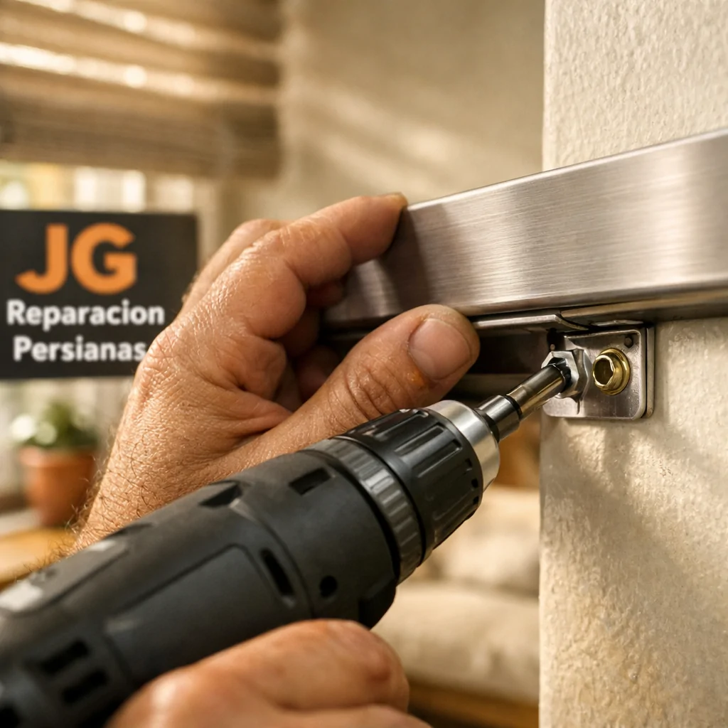 Manos de un instalador asegurando un cabezal de persiana en un apartamento moderno de Barcelona. Mejores servicios de instalacion de persianas domesticas en Barcelona.