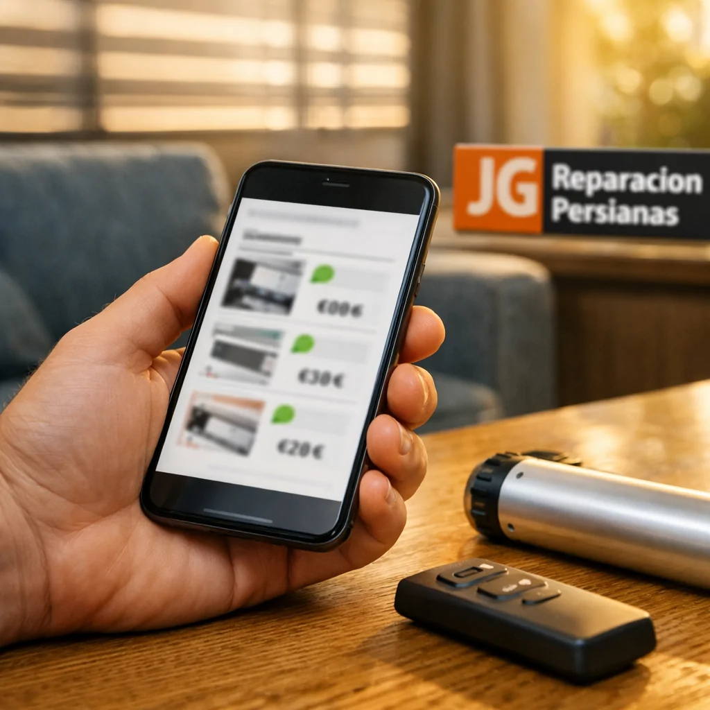 Primer plano de una mano sosteniendo un smartphone con comparación de precios: "Donde encontrar motorizacion de persianas al mejor precio en Barcelona".