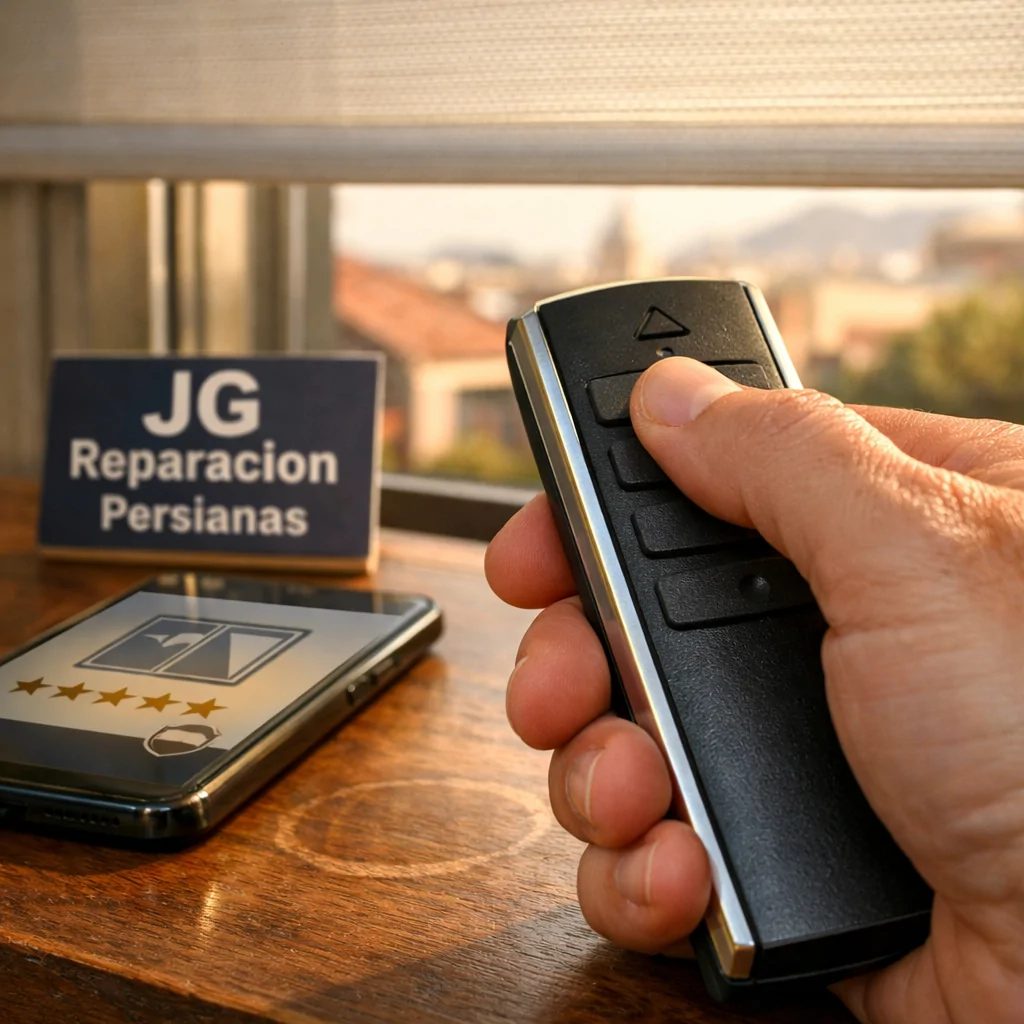 Mano presionando un botón en un control remoto de persianas motorizadas, con un ambiente cálido y tranquilo en Barcelona. Cuales son las empresas mas confiables para instalacion de persianas motorizadas en Barcelona.