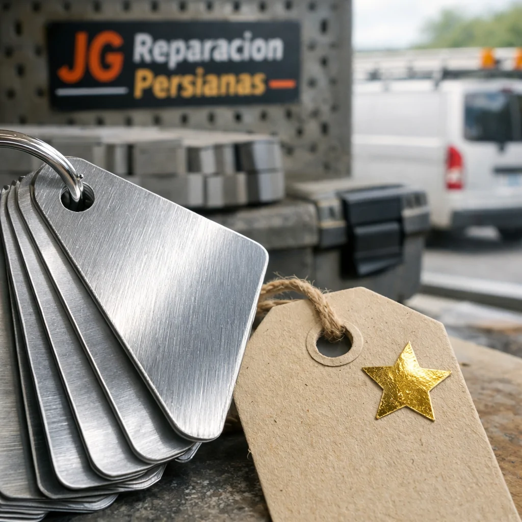 Muestra de lamas de aluminio cepillado con etiqueta de precio, enfocando en opciones económicas de persianas: "Donde puedo encontrar servicio de instalacion de persianas metalicas para locales al menor costo".