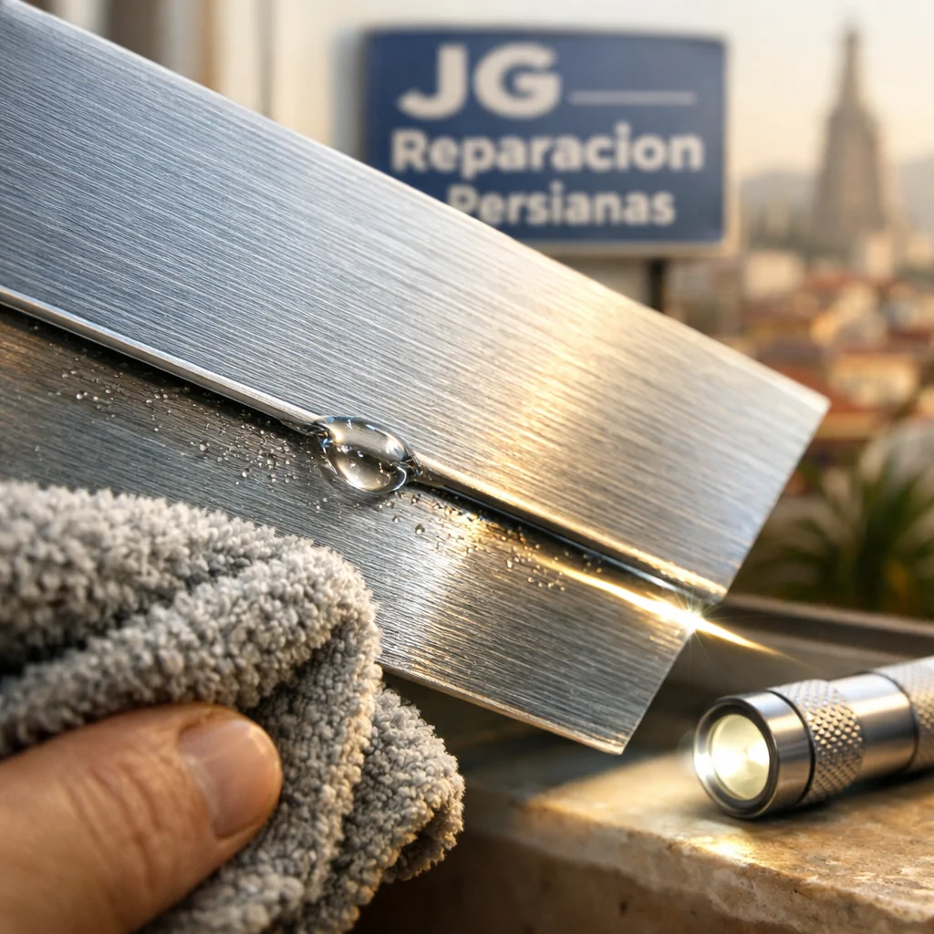 Primer plano de una lamas de persiana metálica en mantenimiento, con luz cálida y un fondo de Barcelona. Top opciones de mantenimiento para persianas metalicas en Barcelona.
