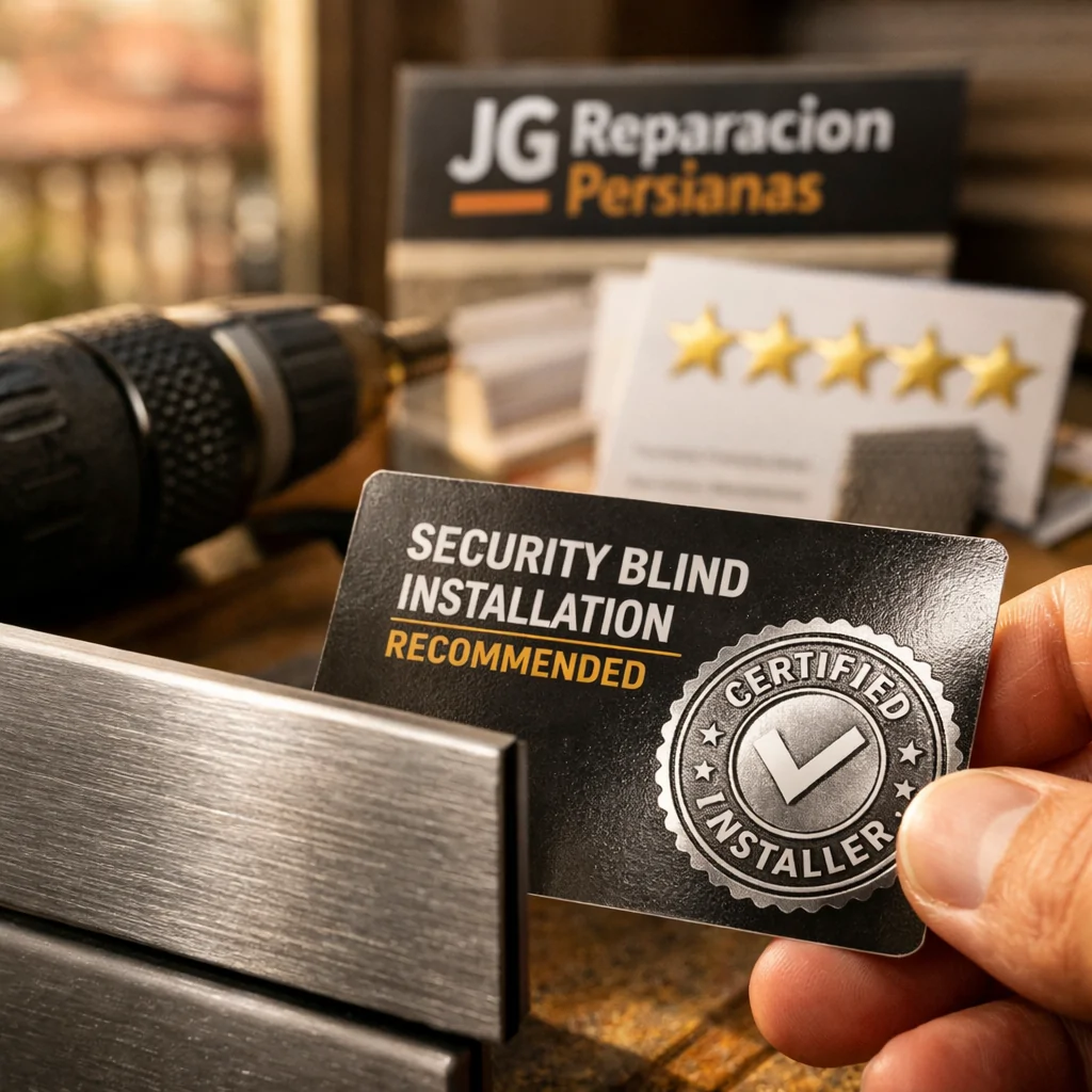 Primer plano de una mano sosteniendo una tarjeta de recomendación para instalación de persianas de seguridad en Barcelona.