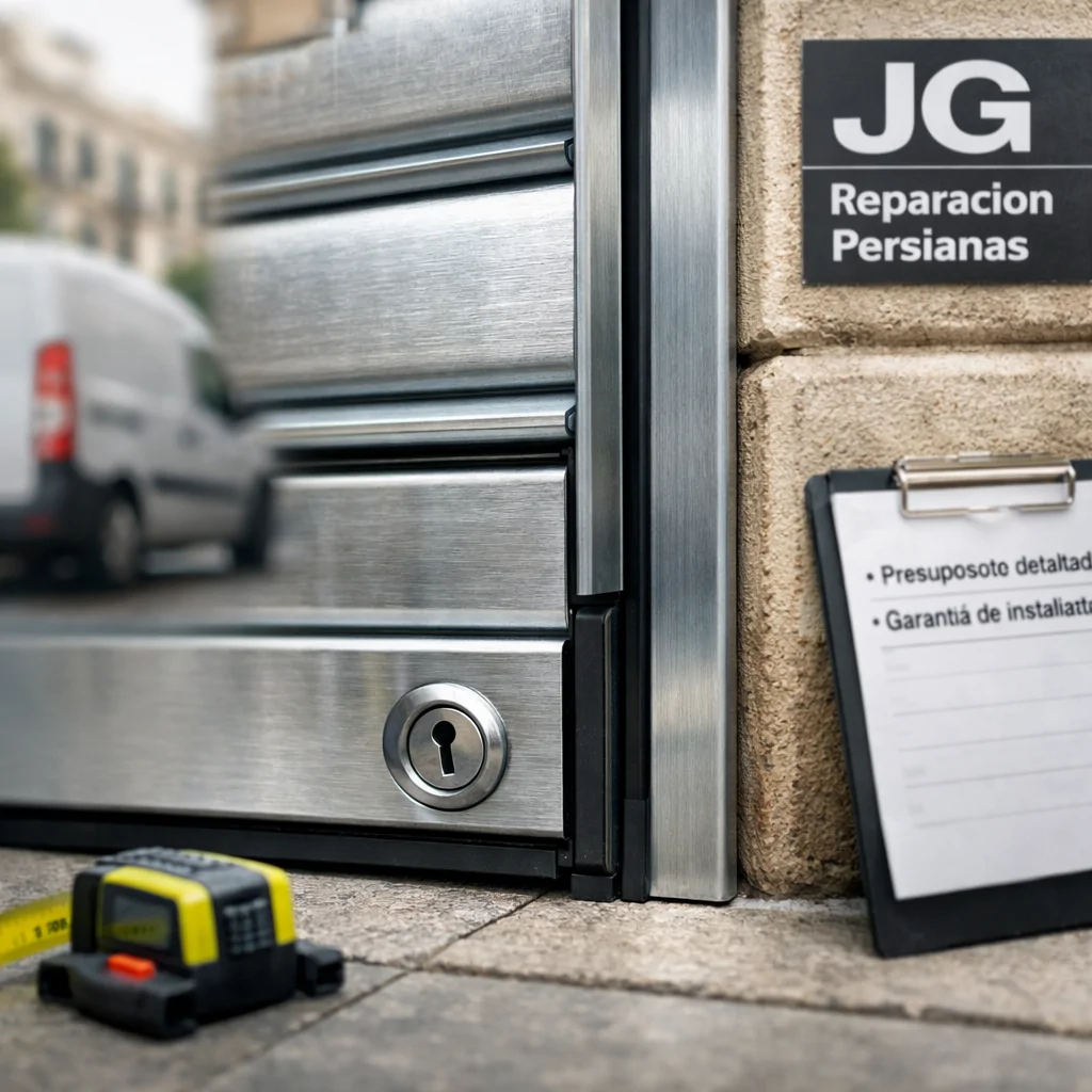 Detalle de persiana metálica personalizada en Barcelona; guía y lamas de acero. Cuales son las empresas mas reconocidas por la instalacion de persianas metalicas personalizadas