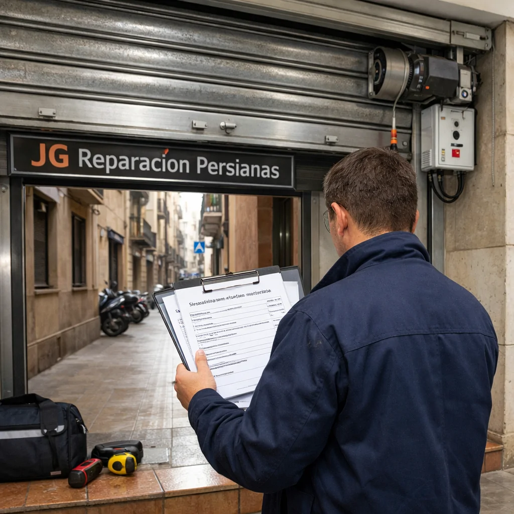 Comparación de precios para la instalación de persianas metálicas motorizadas en locales comerciales; técnico revisa presupuestos junto al cierre.