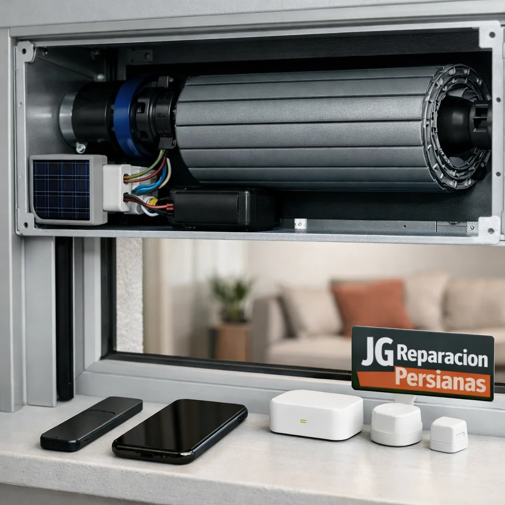 Primer plano de persiana motorizada con cableado, panel solar, control remoto y sensores; Que alternativas existen para motorizacion de persianas en hogares