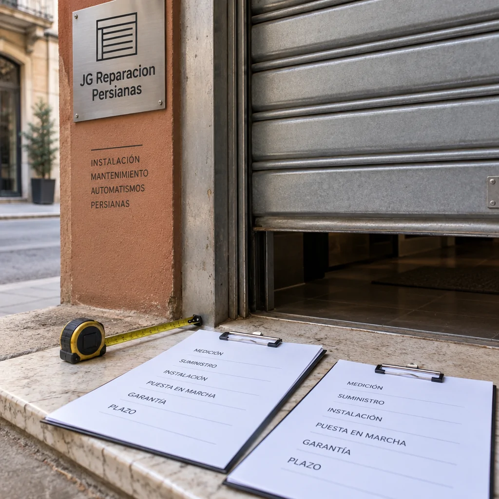 Comparativa de servicios de instalacion de persianas metalicas comerciales en Barcelona: presupuestos y cinta mu00e9trica sobre el umbral de una tienda.