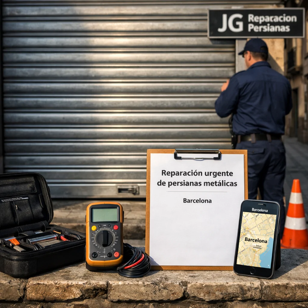 Tu00e9cnico inspecciona persiana metu00e1lica atascada; presupuesto en Barcelona. Que empresa ofrece servicio urgente de reparacion de persianas metalicas en Barcelona