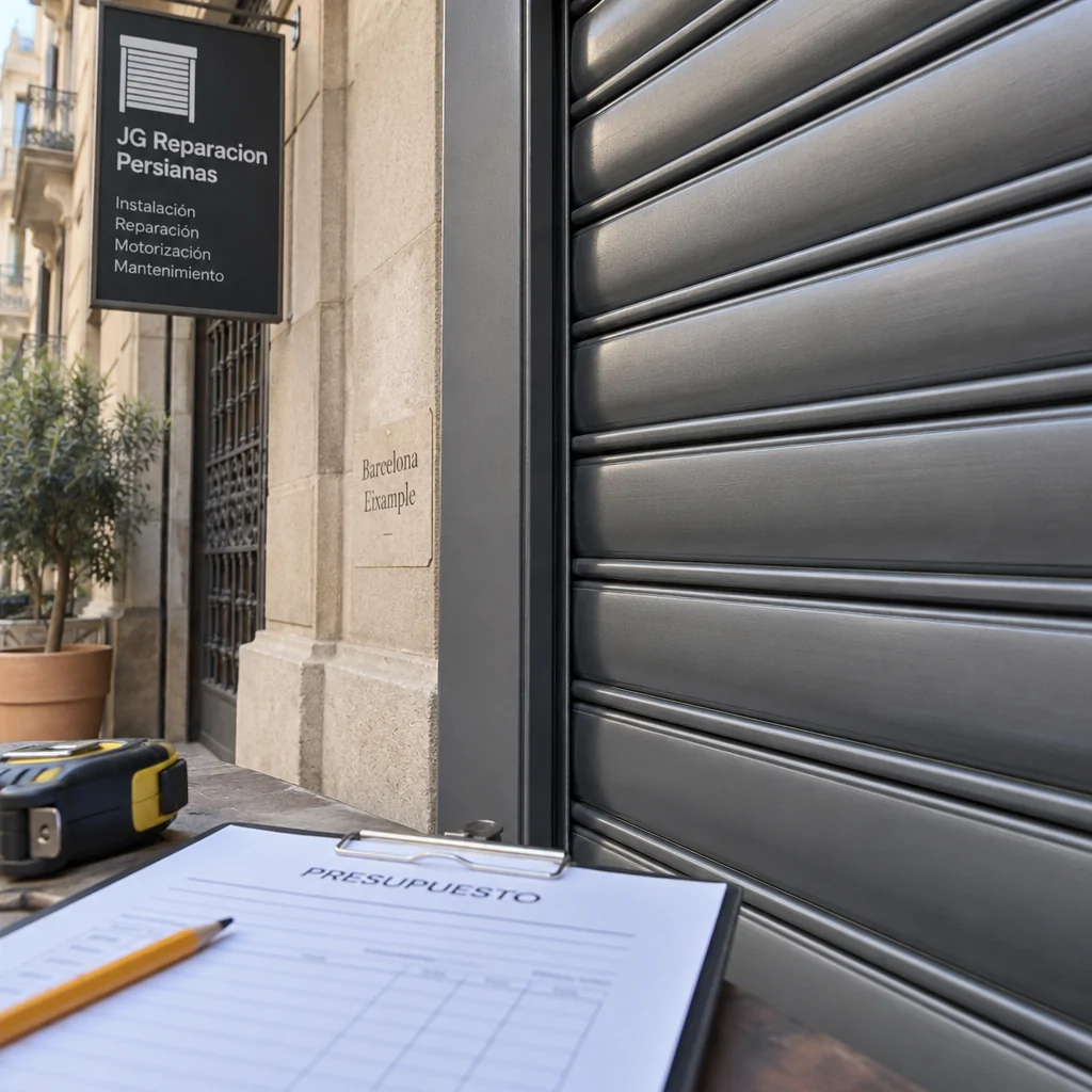 Persiana metu00e1lica gris junto a un presupuesto y una cinta mu00e9trica en una fachada de Barcelona; Cuales son las mejores empresas para la instalacion de persianas metalicas en Barcelona