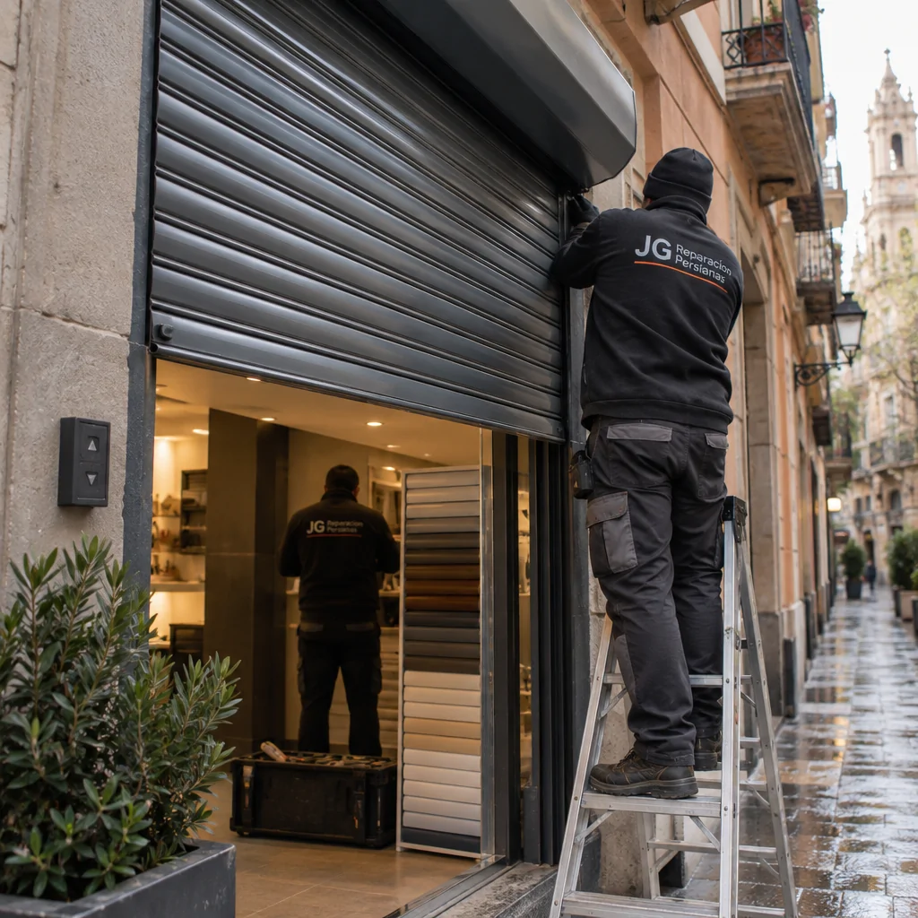 Persiana metu00e1lica gris en instalaciu00f3n en un local de Barcelona, con dos tu00e9cnicos; Encuentra proveedores de persianas para locales con instalacion incluida en Barcelona
