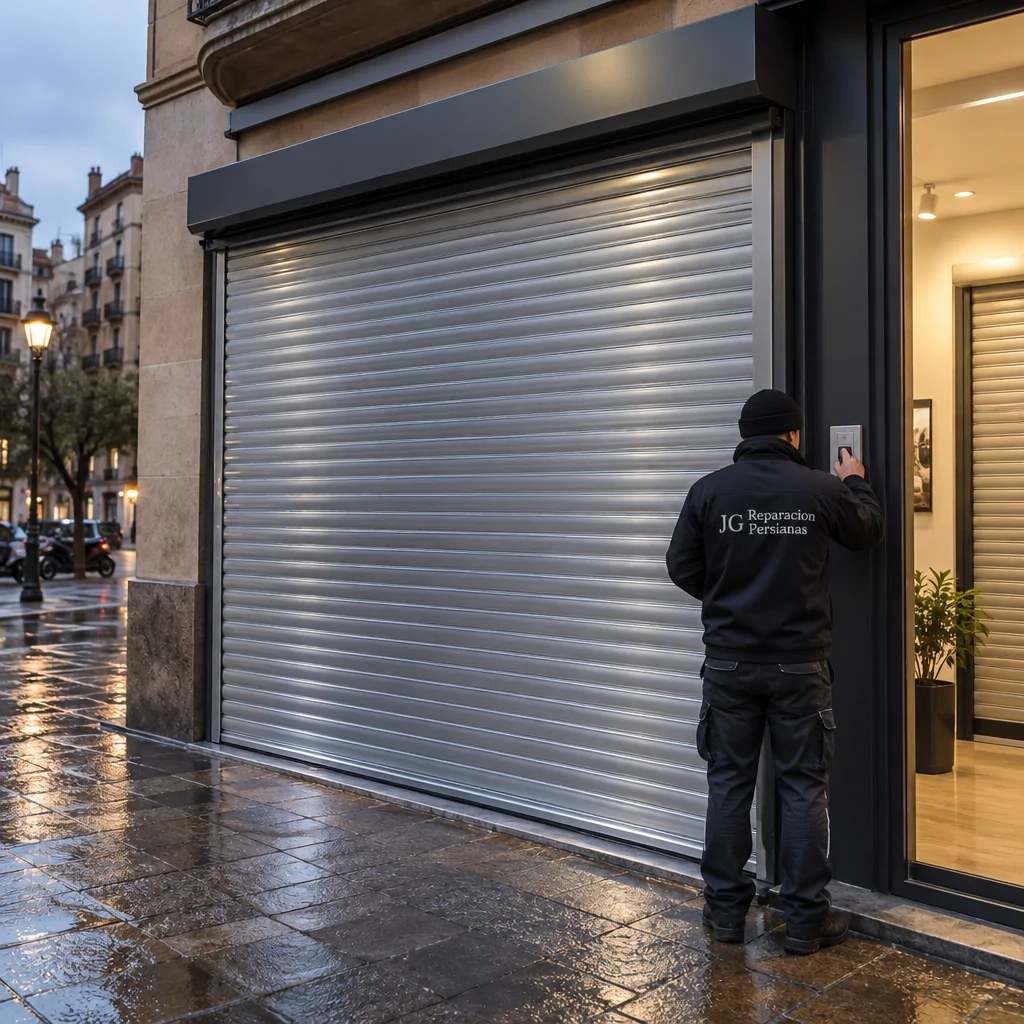 Persiana motorizada de aluminio en un local de Barcelona; un instalador revisa el control. Donde puedo comprar persianas de seguridad motorizadas para un local comercial en Barcelona